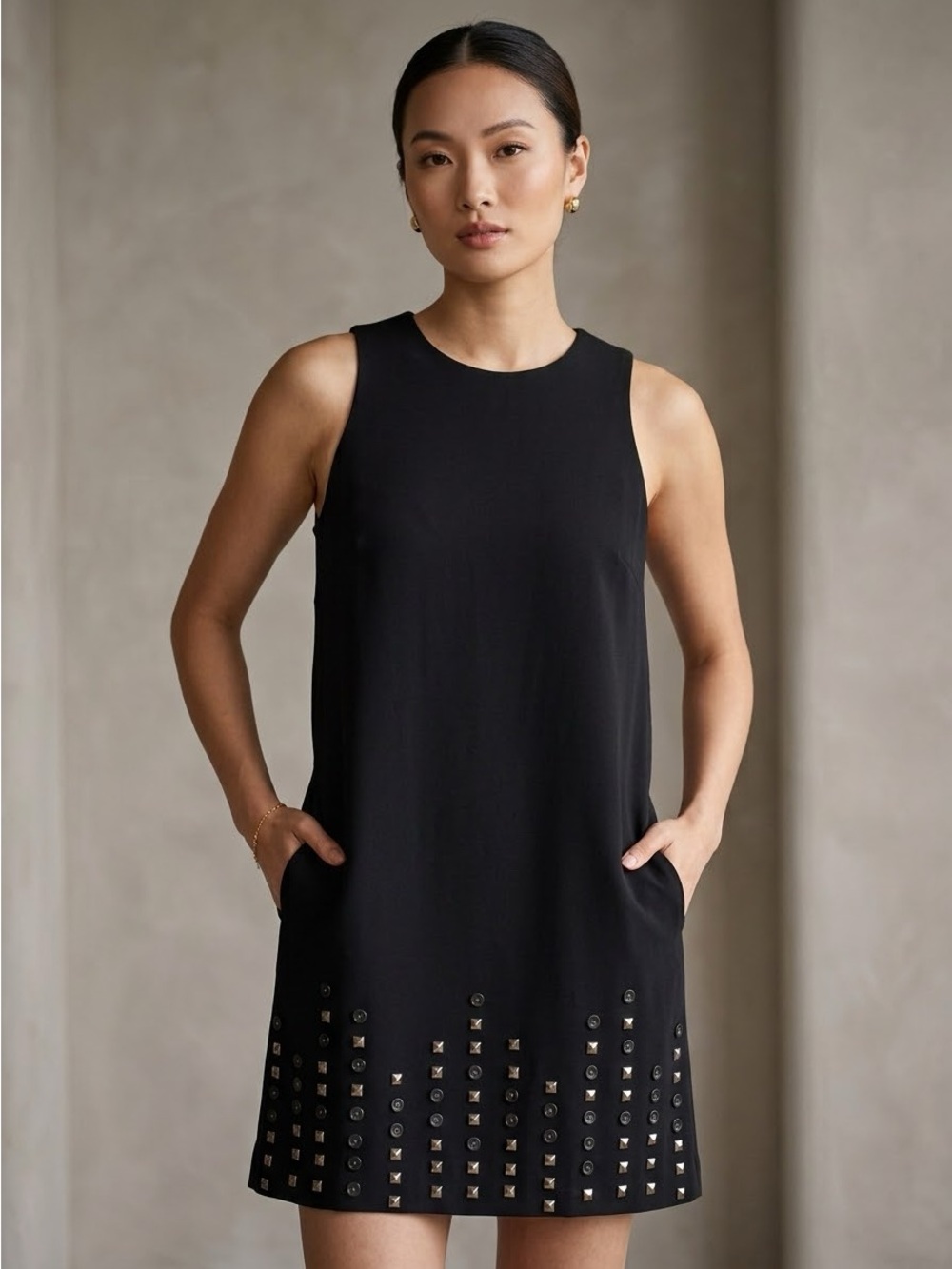 Rachel Rachel Roy Black Sleeveless Studded Shift Dress Size 12 Side Pockets
